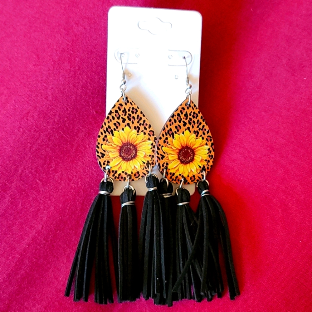 Sunflower Leopard Fringe Earrings